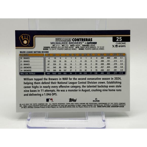 2025 Topps Chrome William Contreras Green Geometric Refractor 11/99 SP Brewers - Picture 2 of 2